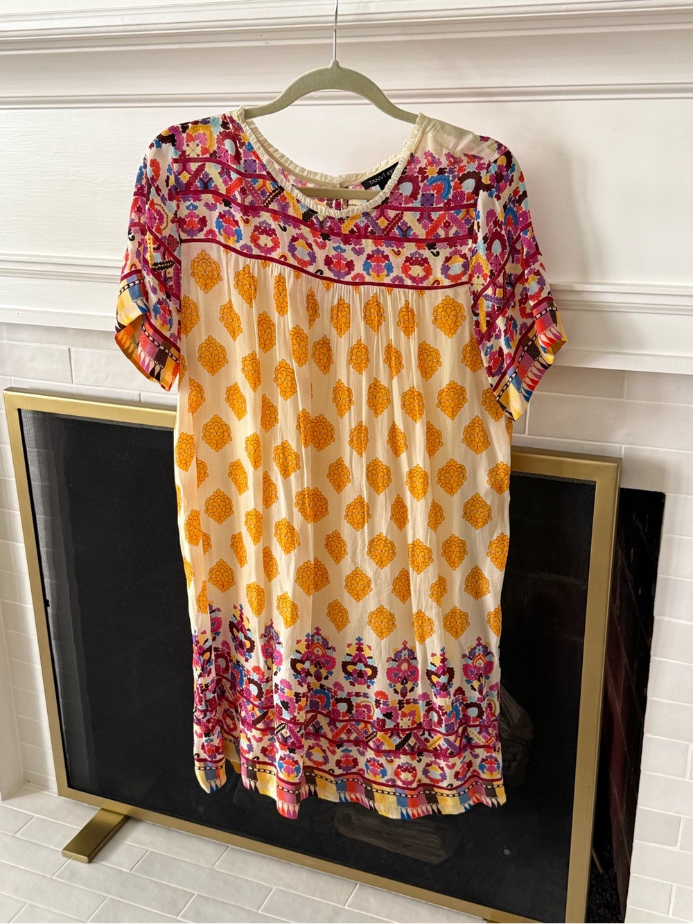 Cream and Yellow Floral-Print Short Sleeve Dress